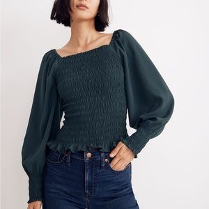 Madewell Dark Green Smocked Bodice Long-Sleeve Romantic Frill Lucy Top Size S